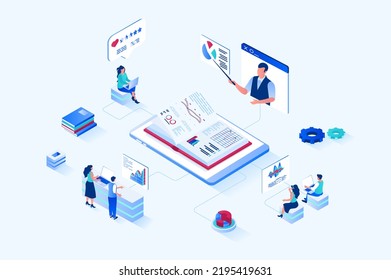 Business training 3d isometric web design. People improve their professional skills at business meetings, listen to coach, analyze company data on graphics and read textbooks. Vector web