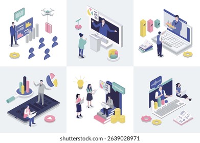 Business training 3d isometry concept for web design. Collection set with isometric people learning at conference, listening job coaching and consulting lectures, video seminars. Vector illustration.