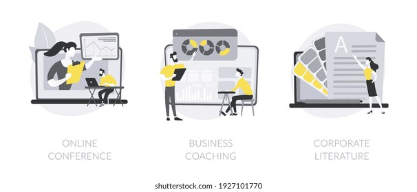 Business training abstract concept vector illustration set. Online conference, business coaching and mentoring, corporate literature, digital meetup, brand newsletter, success abstract metaphor.