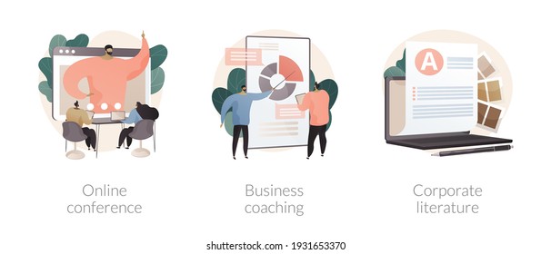 Business training abstract concept vector illustration set. Online conference, business coaching and mentoring, corporate literature, digital meetup, brand newsletter, success abstract metaphor.