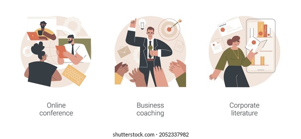 Business training abstract concept vector illustration set. Online conference, business coaching and mentoring, corporate literature, digital meetup, brand newsletter, success abstract metaphor.