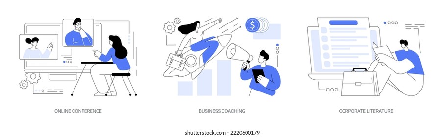 Business training abstract concept vector illustration set. Online conference, business coaching and mentoring, corporate literature, digital meetup, brand newsletter, success abstract metaphor.