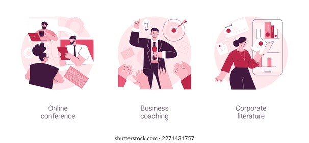 Business training abstract concept vector illustration set. Online conference, business coaching and mentoring, corporate literature, digital meetup, brand newsletter, success abstract metaphor.