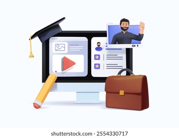 Business training abstract concept vector 3D illustration set. Online conference, business coaching and mentoring, corporate literature, digital meetup, brand newsletter, success abstract metaphor