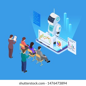 Business training with artificial intelligence. Isometric vector robot tutor, business education concept. Robot ai doing business presentation illustration