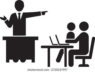 Icono de Vector de capacitación empresarial o educación en el aula. Profesor o gerente en el podio señalando a los estudiantes que trabajan en computadoras portátiles. Concepto de seminario y taller.