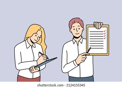 Business training and coach concept. Young smiling businessman coach trainer standing and showing presentation teaching young woman worker vector illustration 