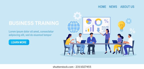 Business Training, Coaching and Education. Mentor Presenting Charts, Diagrams and Reports before Audience. Coach Speaking before Business People at Conference, Lecture. Employees Meeting at Seminar