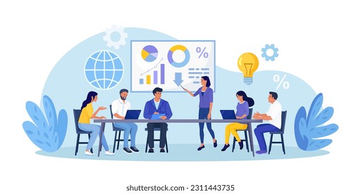 Business Training, Coaching und Ausbildung. Mentor präsentiert Charts, Diagramme und Berichte vor Publikum. Coach Speaking vor Geschäftsleuten auf Konferenz, Vorlesung. Mitarbeitertreffen am Seminar