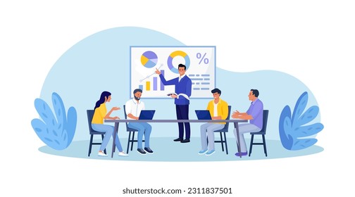 Business Training, Coaching and Education. Mentor Presenting Charts, Diagrams and Reports before Audience. Coach Speaking before Business People at Conference, Lecture. Employees Meeting at Seminar