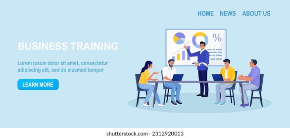 Business Training, Coaching and Education. Mentor Presenting Charts, Diagrams and Reports before Audience. Coach Speaking before Business People at Conference, Lecture. Employees Meeting at Seminar