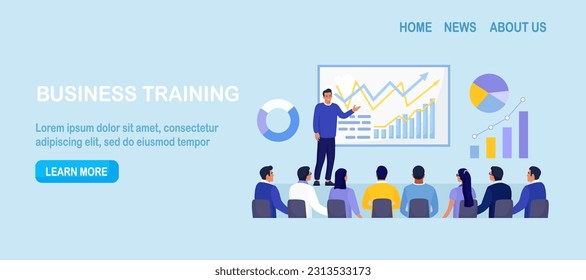 Business Training, Coaching and Education. Mentor Presenting Charts, Diagrams and Reports before Audience. Coach Speaking before Business People at Conference, Lecture. Employees Meeting at Seminar