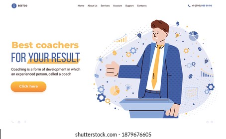 Business training and coaching services website template with cartoon character of business trainer, cartoon vector illustration. Web page mockup for business education.