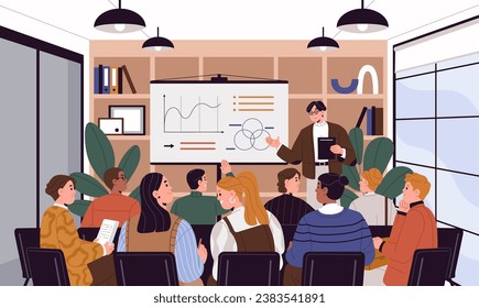 Business training in company. Speaker, mentor near board teach office personnel. Professional coach on leadership lecture, conference. Students group study on seminar. Flat vector illustration.