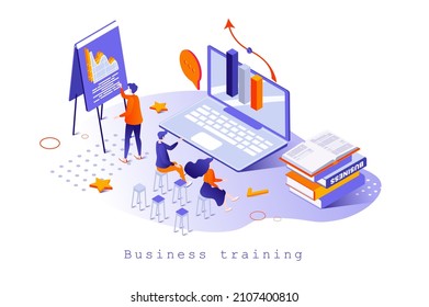 Business training concept in 3d isometric design. Employees learning at coach lecture, mentoring and consulting, career development, web template with people scene. Vector illustration for webpage