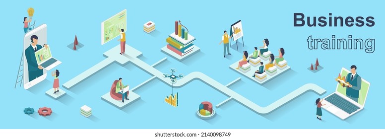 Business training concept 3d isometric web banner. People listen to speaker at seminar, improve professional skills by business meetings. Vector illustration for landing page and web template design