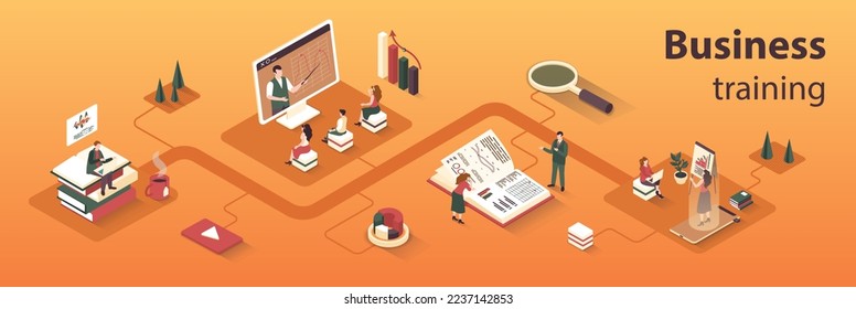 Business training concept 3d isometric infographics web banner. People improve qualifications and professional skills and study at conferences. Vector illustration in isometry graphic design