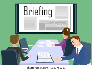 Business Training Concept Banner Vector Illustration. Corporate Staff Sitting at Table. Briefing meeting of Colleagues. Business seminar and Conference of Employees. Planning decisions.