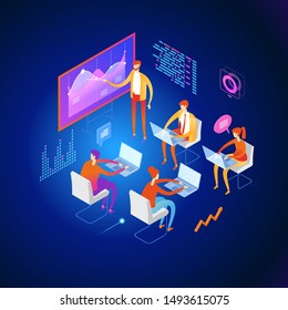 Business training concept. Corporate training, seminar. People team contemporary management. Flat isometric vector illustration.