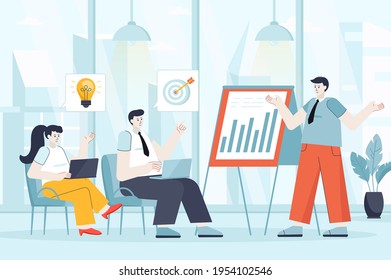 Business training concept in flat design. Colleagues at conference scene. Employees listen to coach, improve qualifications, success career. Vector illustration of people characters for landing page