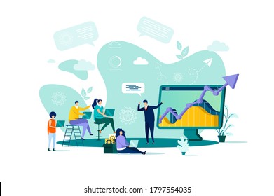 Business training concept in flat style. Businessman making presentation with charts to his colleagues scene. Career development banner. Vector illustration with people characters in work situation.