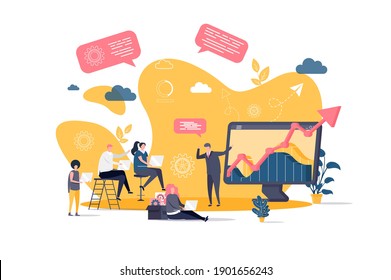 Concepto de formación empresarial en estilo plano. Empresario haciendo presentaciones con gráficos a la escena de sus colegas. Cartel de desarrollo profesional. Ilustración vectorial con personajes de personas en situación laboral.