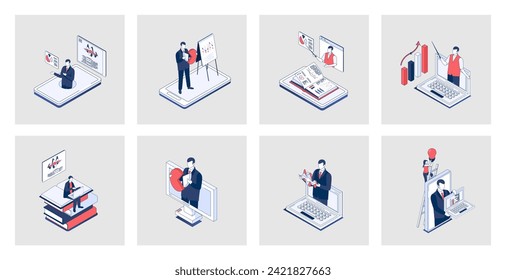 Business training concept of isometric icons in 3d isometry design for web. Professional conference for skills development, job coaching and consulting lectures, video seminars. Vector illustration