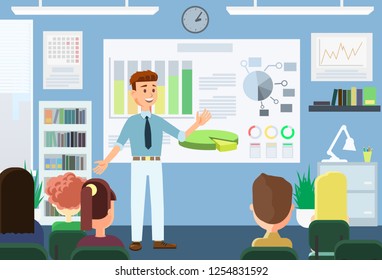 Business Training Concept. Male Trainer And Audience. Graphs And Lecture. Learning Strategy Set. Office Staff Training And Communication. Corporate Workshop. Vector Flat Illustration.