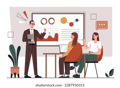 Business training concept. Man makes presentation in front of women. Graphs and diagrams. Working with statistics and infographics. Lecture and master class. Cartoon flat vector illustration