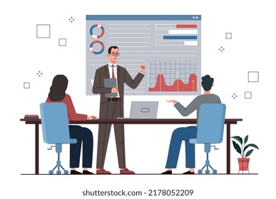 Business training concept. Men and women analyze graphs and charts, board meeting. Brainstorming and insight. Estimation of income and expenses, marketing research. Cartoon flat vector illustration