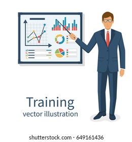 Business training concept. Modern businessman make presentation standing whiteboard. Explaining charts graph diagram on seminar. Giving lecture. Vector illustration flat design. Isolated on background