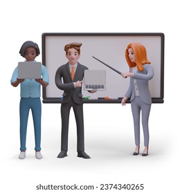 Business training concept. Online lessons. Woman with pointer standing near blackboard, men holding laptops. Certification training. Specialized courses for workers. New modern professions