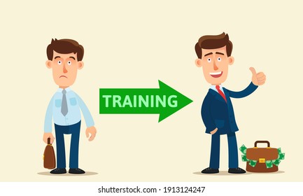 Business Training Konzept. Student verwandelt sich in einen erfolgreichen Geschäftsmann. Lernen und Entwicklung ist der Weg zum Erfolg. Vektorgrafik, Flachdesign, Cartoon-Stil, isolierter Hintergrund.