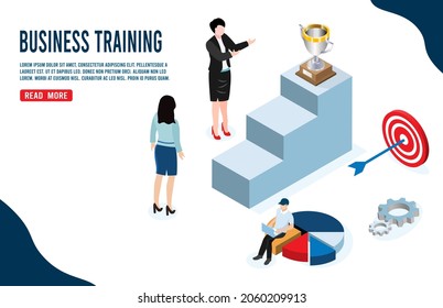 Business training concept vector illustration. Website landing page. Isometric businesswoman show victory trophy of business planning and business goals. Achieving goals business strategy for win