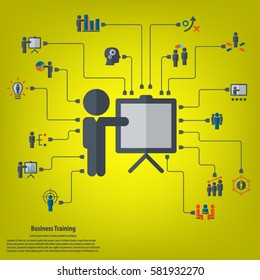 Business training - conceptual background with strategy, business training, human resources related icon set.
