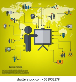 Business training - conceptual background with strategy, business training, human resources related icon set.
