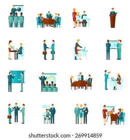 Business training conference and presentation flat icons set isolated vector illustration