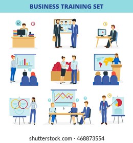 Business training and consulting institute programs for effective leadership and innovations flat icons collection isolated vector illustration 