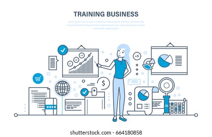 Business training, consulting, learning and teaching, professional and career growth, teamwork. Illustration thin line design of vector doodles