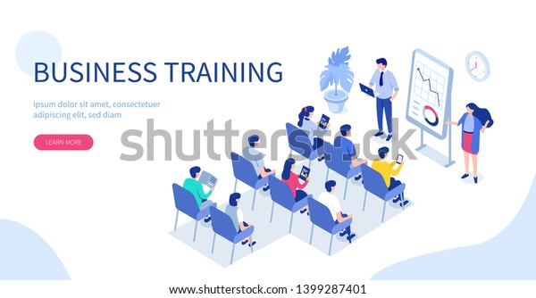 \
Business training or courses concept. Can\
use for web banner, infographics, hero images. Flat isometric\
vector illustration isolated on white\
background.