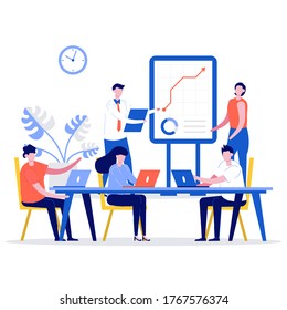 Business training or courses concept. Modern vector illustration in flat style for landing page, mobile app, poster, banner, flyer, template, web, backgrounds, infographics, hero images.