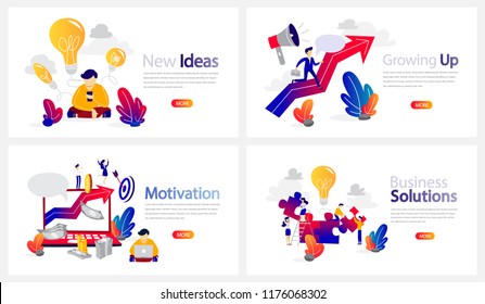 Business training courses horizontal banner set. Motivation and new ideas, personal growth and business solutions. Isolated flat vector illustration