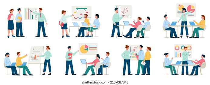 Business training courses, teamwork presentation, office study process. Studying, business coaching and training vector illustration set. Teamwork, brainstorming scenes business teamwork training