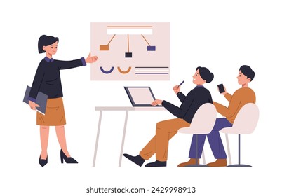 Business-Schulungen, Teamwork-Präsentation, Office-Studienprozess. Pädagogische Klasse mit Lehrer, der Informationen dem Publikum präsentiert. Charaktere lernen bei der Arbeit Vektor-Illustration