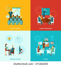 Business training design concept set with strategy development flat icons isolated vector illustration