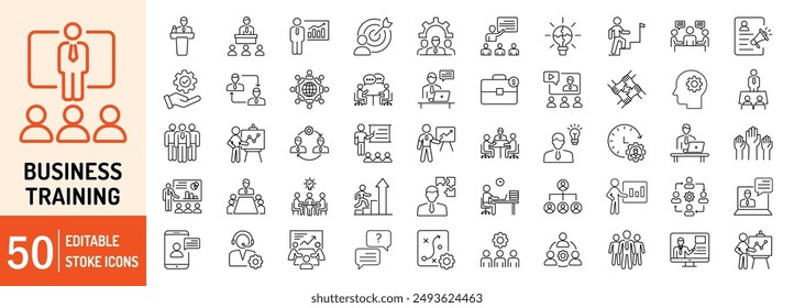 Conjunto de iconos web de contorno de trazo editable de formación empresarial. Negocios, formación, trabajo en equipo, presentación, negocios, coaching, seminario, desarrollo, reunión y conferencia. Ilustración vectorial