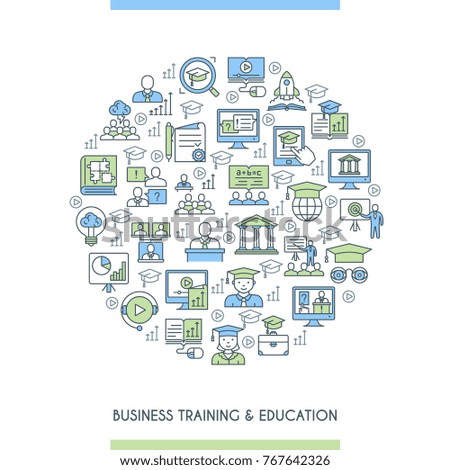 Business training and education concept. Consulting, learning and teaching. Professional and career growth. Flat icons arrange in the form of circle. Vector illustration