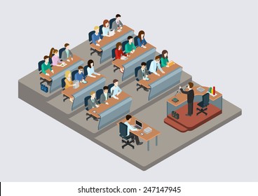 Business Training Education Concept Flat 3d Web Isometric Infographic Vector. People In Auditory Listening To Lecture Teacher. Creative People Collection.