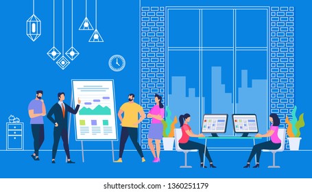 Business Training Event. Company Leader, Business Coach Point on Graphs at Flip Board, Explain New Strategy, Presenting Financial Indicators on Meeting with Employees. Cartoon Flat Vector Illustration
