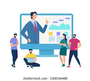 Business Training Event, Remote Corporate Teaching, Meeting Learn People Webinar Online Manager Conference At Computer. Leadership Finance Employee Training Session Cartoon Flat Vector Illustration